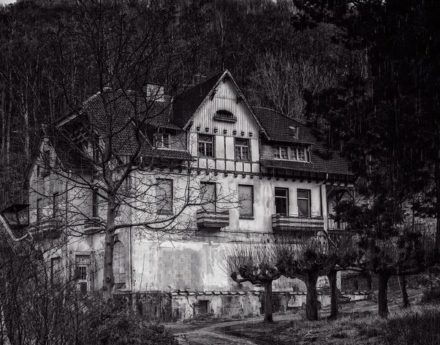 Black and white haunted house in the woods