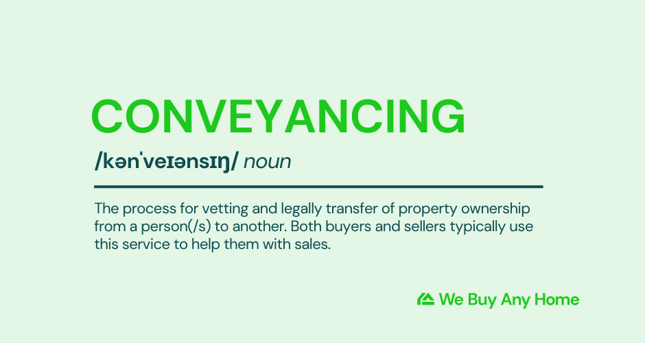 Dictionary style definition of the word Conveyancing: Conveyancing: /kənˈveɪənsɪŋ/ noun. The process for vetting and legally transfer of property ownership from a person(/s) to another. Both buyers and sellers typically use this service to help them with sales.