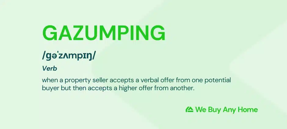 Gazumping definition: text reads: Gazumping: /ɡəˈzʌmpɪŋ/ Verb when a property seller accepts a verbal offer from one potential buyer but then accepts a higher offer from another.