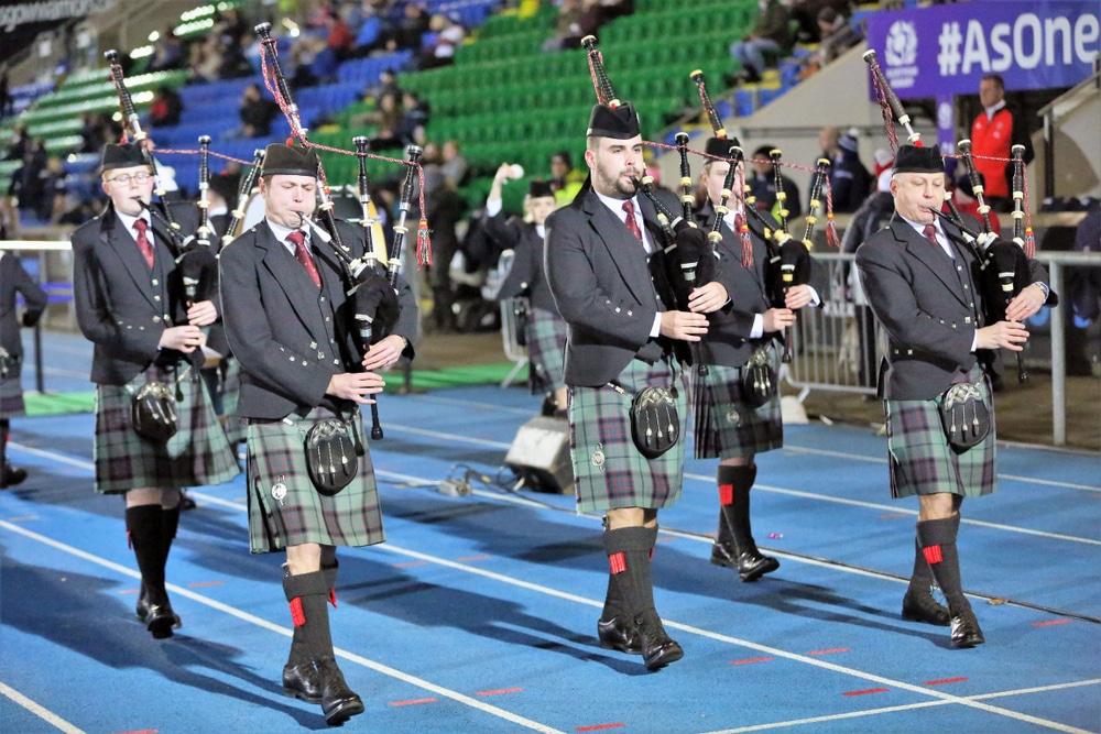 Pipe band playing at rugby ground in Scotstoun, live in Glasgow