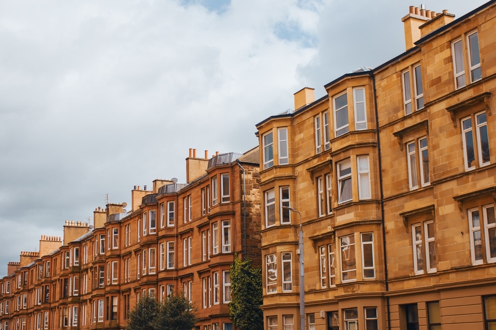 Row of terraced houses/flats in the East End of Glasgow, live in Glasgow