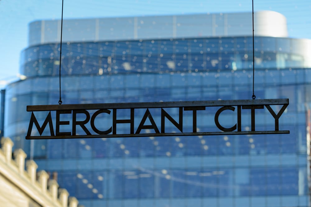 Merchant city sign, live in Glasgow