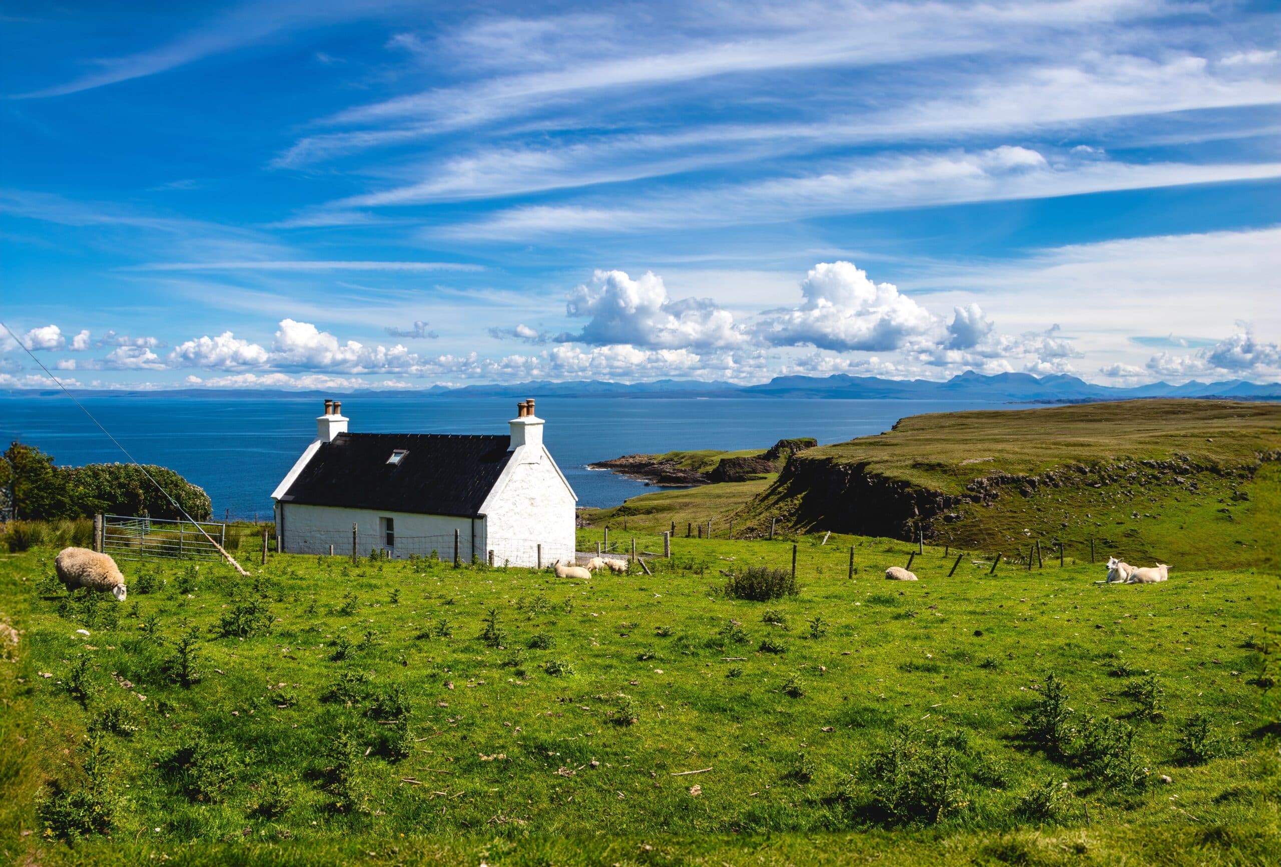 photo of house and fields in Isle of Skye, Scotland