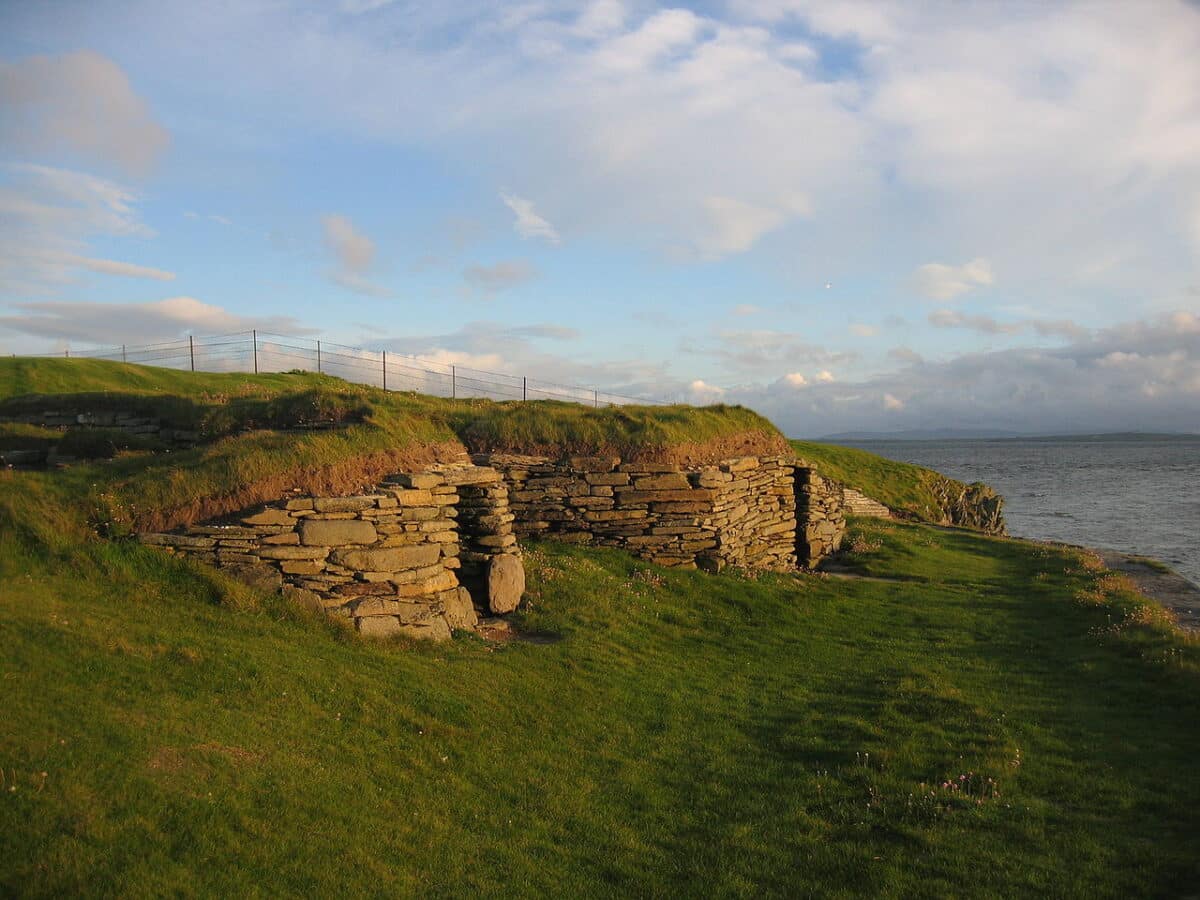 The Knap of Howar, Orkney in daylight with sea in background