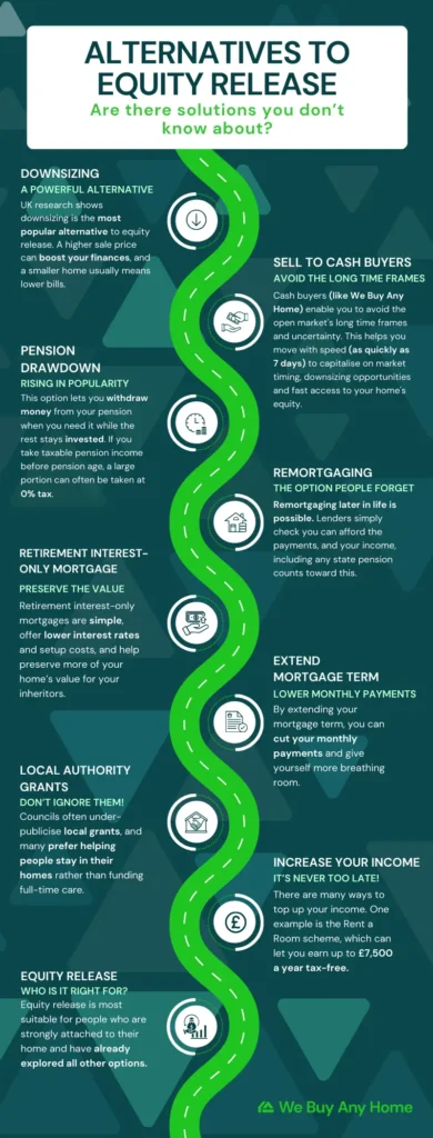 Infographic listing alternatives to equity release, including: downsizing, sell to cash buyers, pension drawdown, remortgaging, retirement interest-only mortgage, extend mortgage term, local authority grants, increase your income, equity release